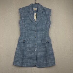 Maeve Anthropologie Blue Tweed Sleeveless Mini Dress Pearl Button Vest NEW